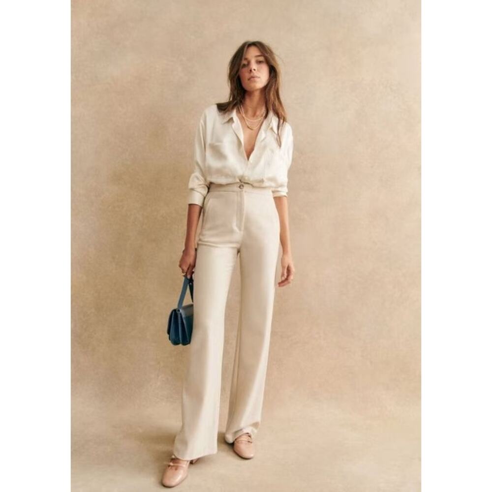 SEZANE Martin Trousers Ecru Size Medium Cream Ivory Wool High Rise Straight Leg